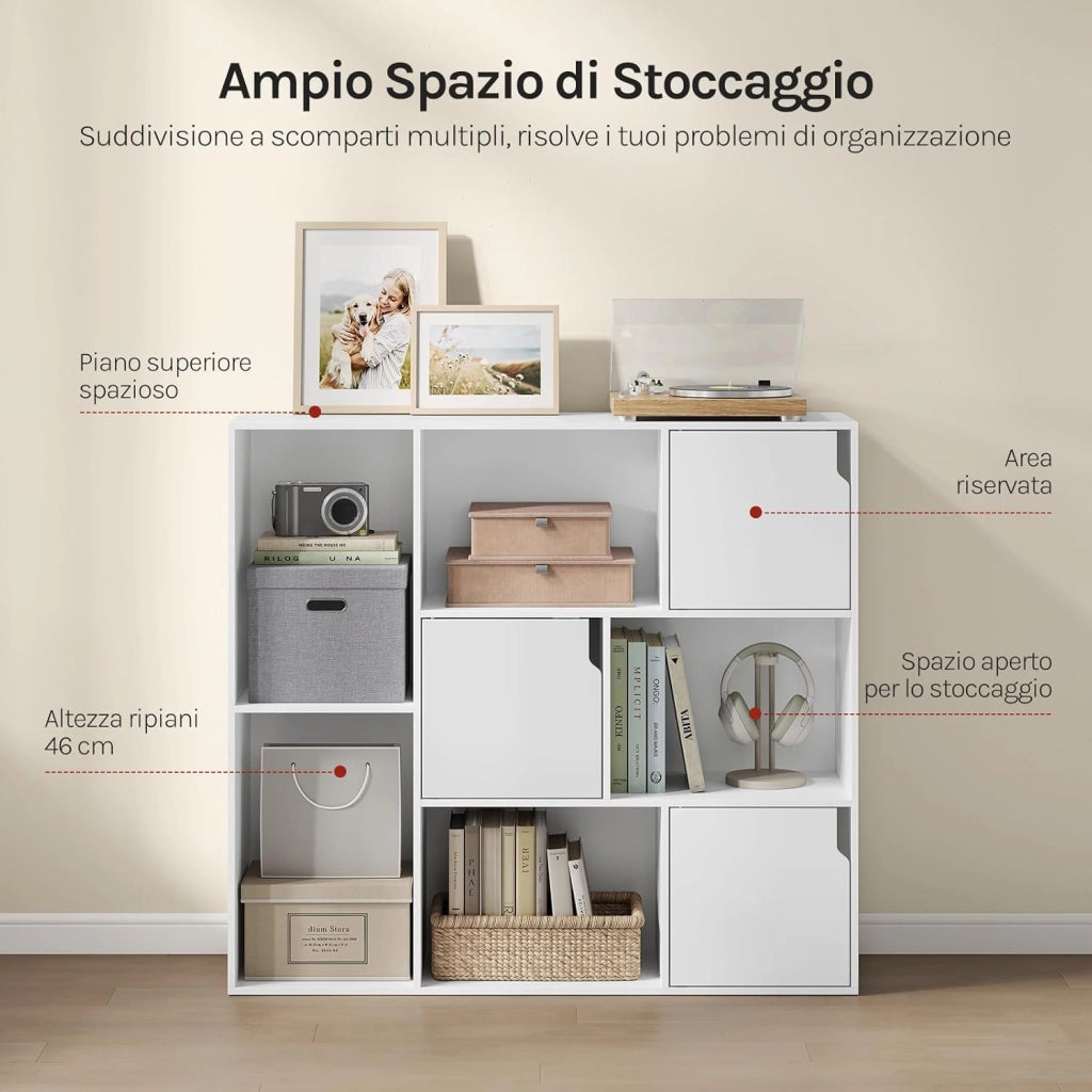 8 Cubo di Stoccaggio, Libreria a 3 Piani con 3 Ante, Scaffale in Piedi Libreria in Legno, Soggiorno Credenza Espositore Cubo Scaffale, per Camera da Letto, Corridoio, Ufficio, Bianco, SK056ws