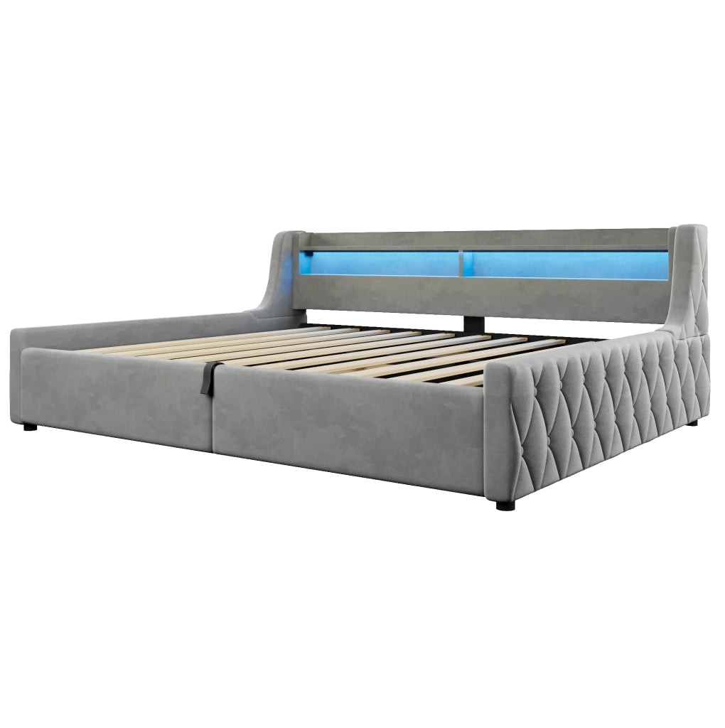 Letto imbottito 140x200 cm con contenitore idraulico e testiera LED grigio
