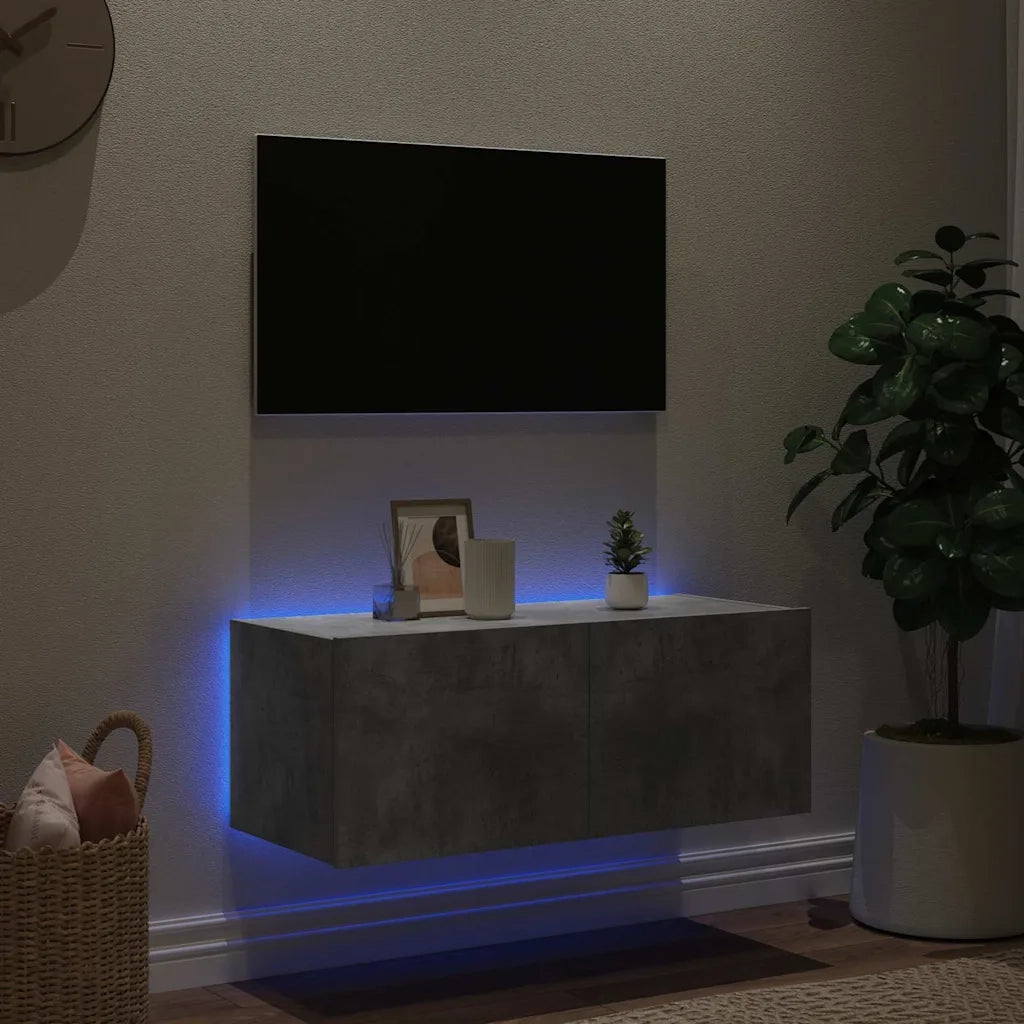Mobile TV a Parete con Luci LED-Mobile TV a Muro Grigio Cemento 80x35x31 cm