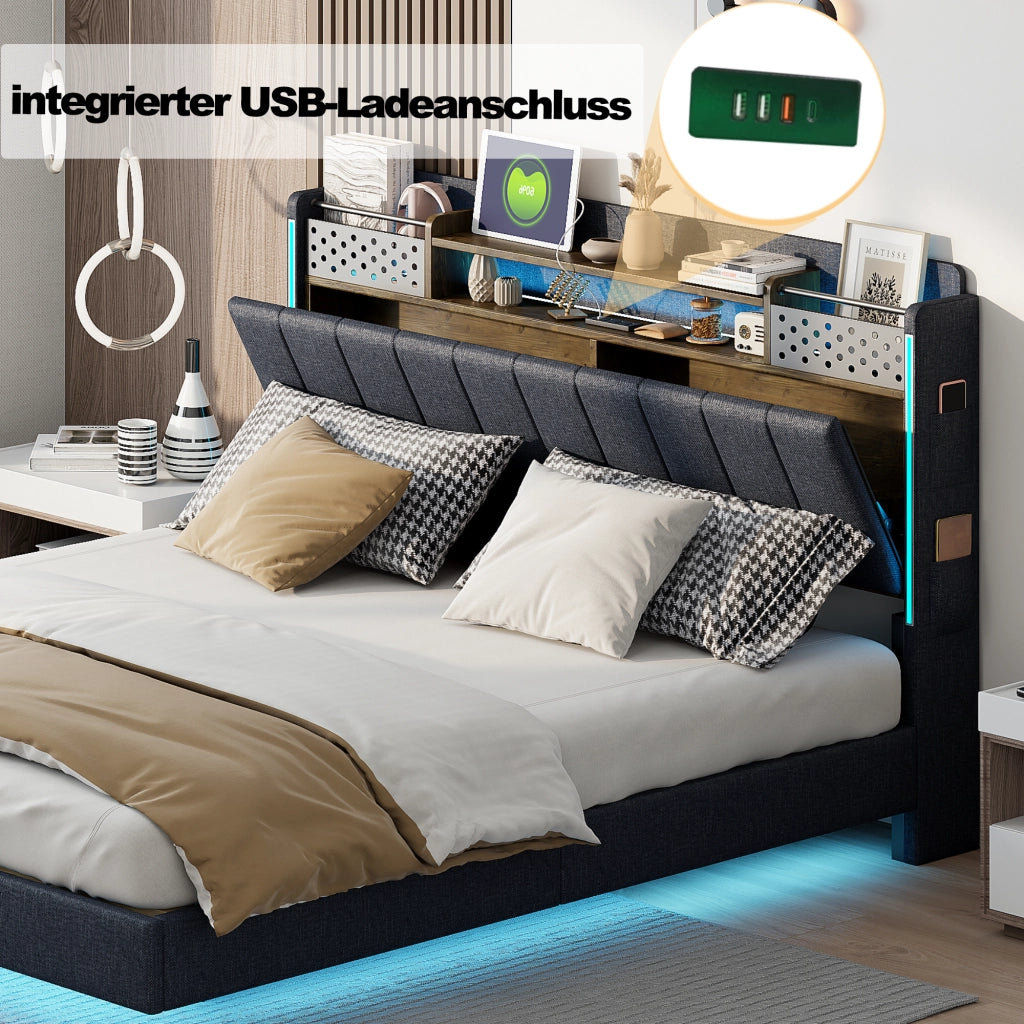 OKWISH Letto Matrimoniale 140×200 cm con USB, LED Regolabile e Contenitore, senza Materasso, in Tessuto Imbottito, Grigio