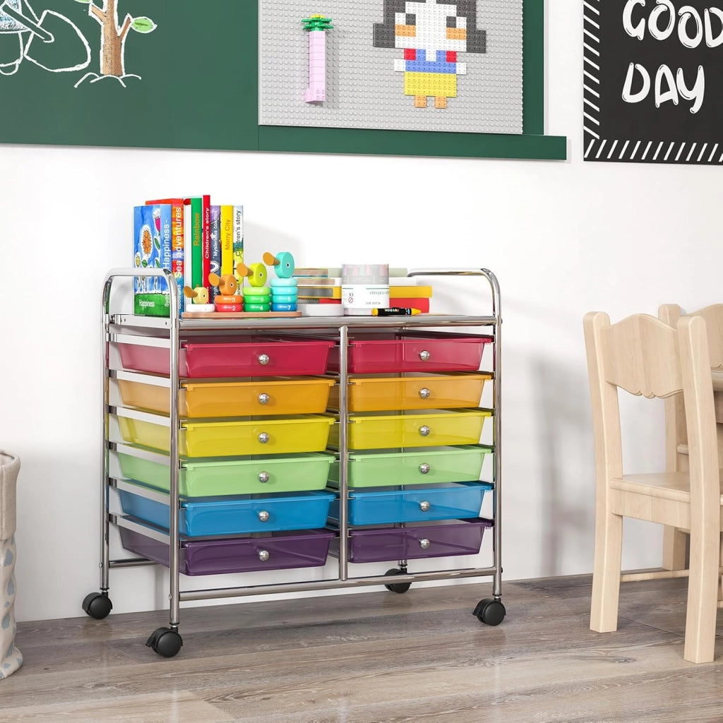 Carrello di Stoccaggio con 12 Cassetti, Carrello portaoggetti con 4 Ruote, Carrello Multiuso per Scuola Ufficio Cucina, 64 x 38 x 62 cm (12 cassetti Arcobaleno)