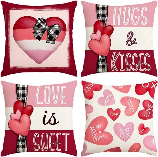 Set di cuscini per San Valentino (4 pezzi, 45x45 cm), cuore rosso e rosa con il testo 'Baci e Abbracci', 'Ti amo ancora di più', 'Diventa il mio set di decorazioni per stile rustico per le feste di San Valentino