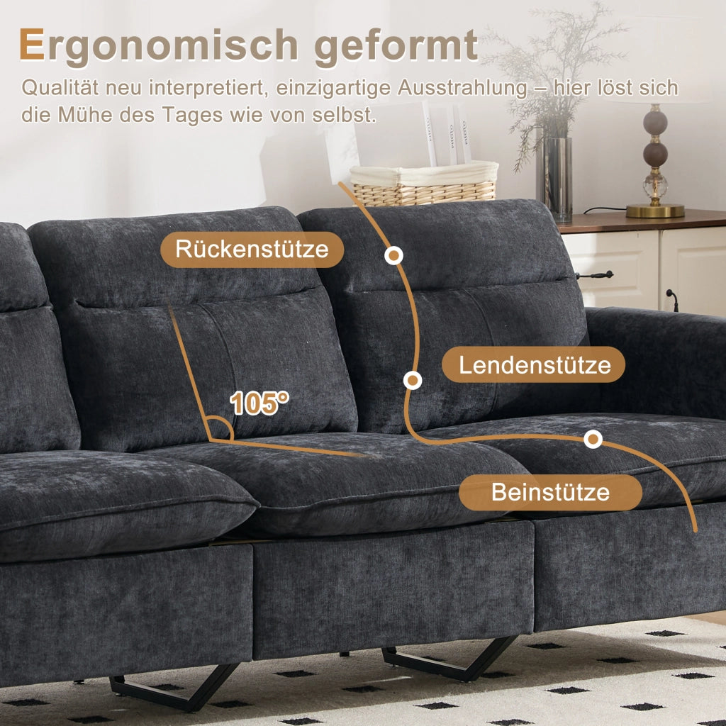 Divano angolare modulare a tre posti con pouf contenitore e tasche laterali in ciniglia nero 201 × 77 × 86 cm