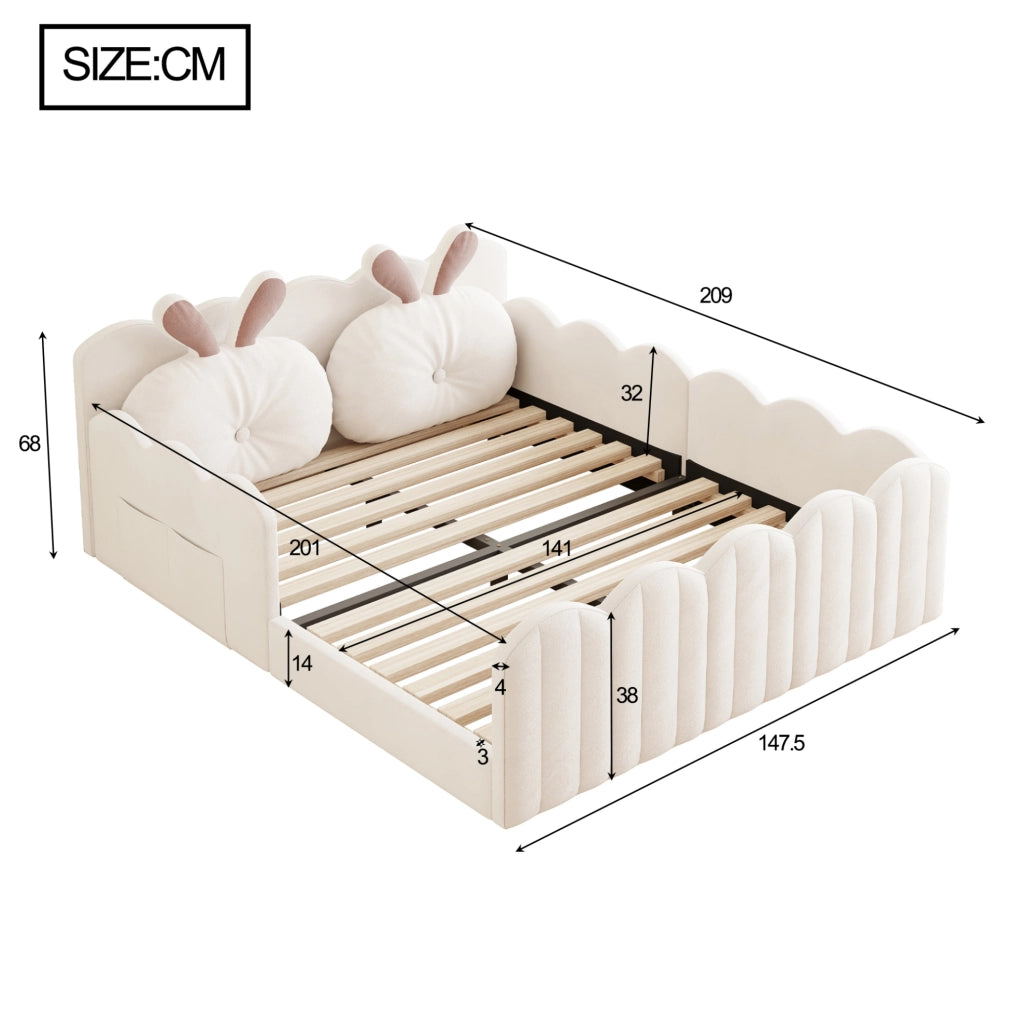 Letto Piattaforma Imbottito 140x200 cm con Cuscino a Forma di Coniglio, Beige