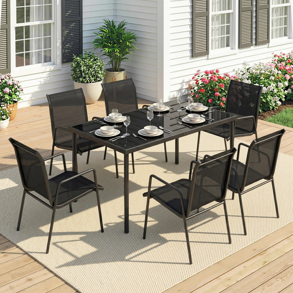 Set Giardino 6 Posti con Sedie Impilabili ¨C zephmum ¨C Textilene Nero 70x51x87