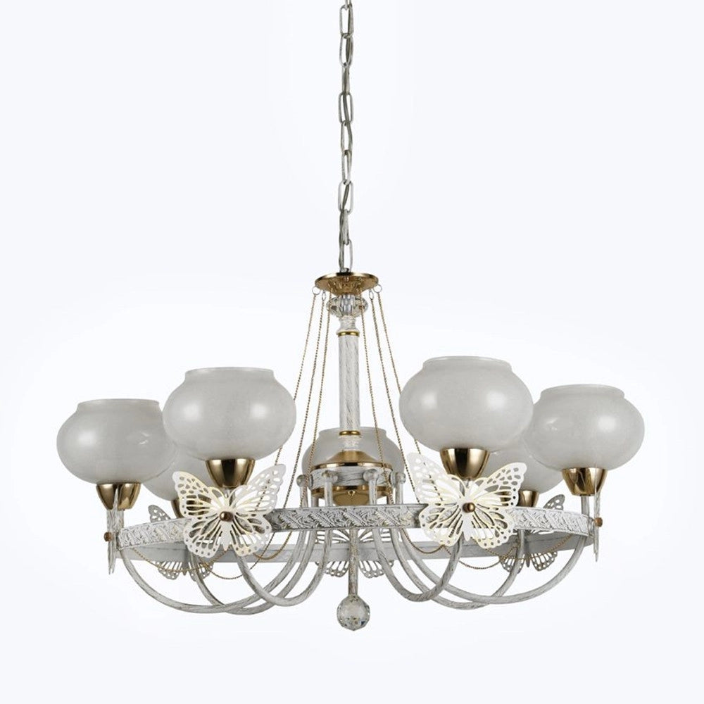 Trade Shop - Lampadario Classico Bianco Anticato Shabby Chic Lampada 7 Coppe Con Farfalle 92433 -