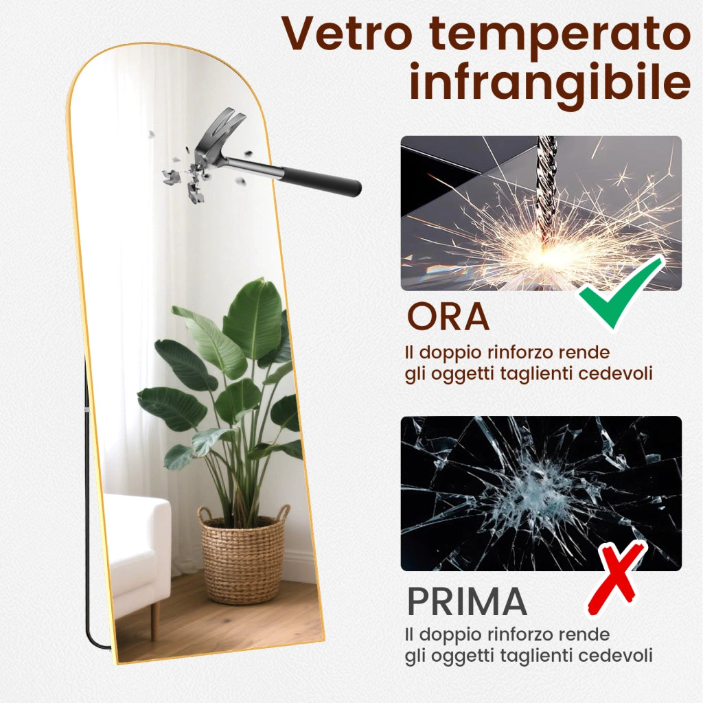 Specchio a figura intera 162 x 52 cm, specchio arcuato, specchio da terra con supporto, specchio arcuato a figura intera, oro, da terra o inclinabile