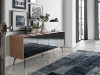 Credenza in vetro nero a specchio, noce e acciaio nero