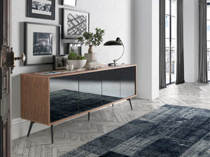 Credenza in vetro nero a specchio, noce e acciaio nero