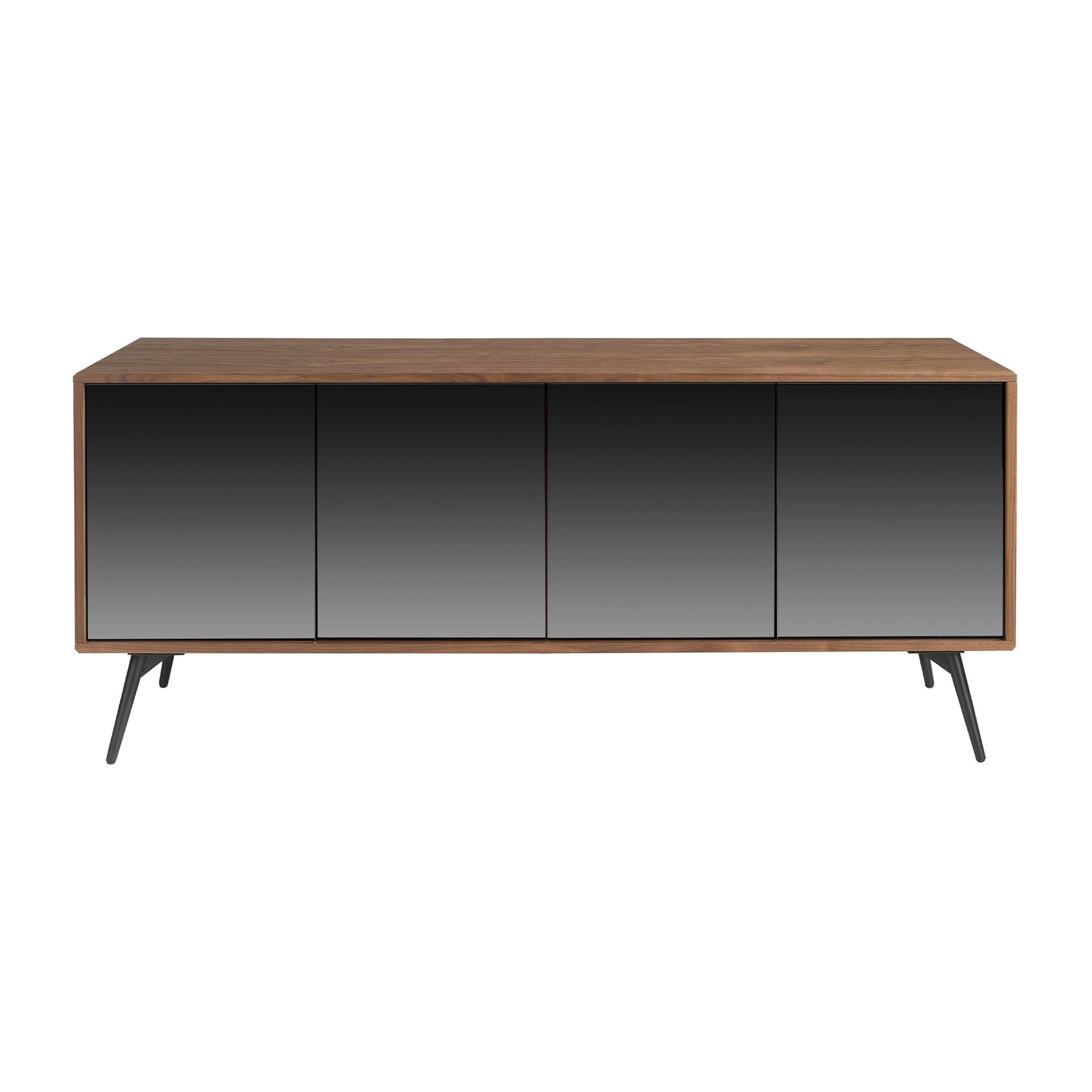Credenza in vetro nero a specchio, noce e acciaio nero