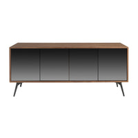 Credenza in vetro nero a specchio, noce e acciaio nero