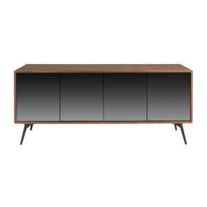 Credenza in vetro nero a specchio, noce e acciaio nero