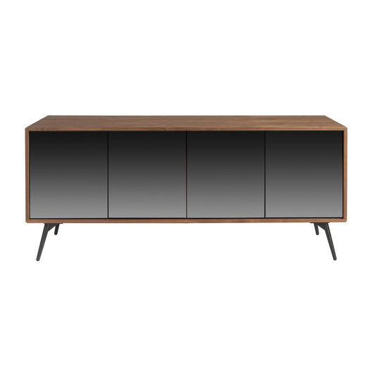 Credenza in vetro nero a specchio, noce e acciaio nero