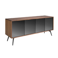 Credenza in vetro nero a specchio, noce e acciaio nero