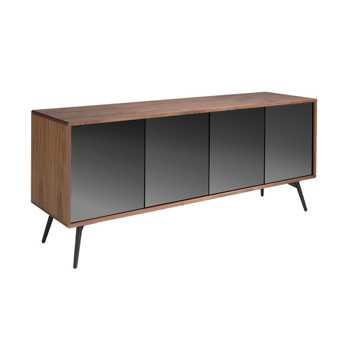 Credenza in vetro nero a specchio, noce e acciaio nero
