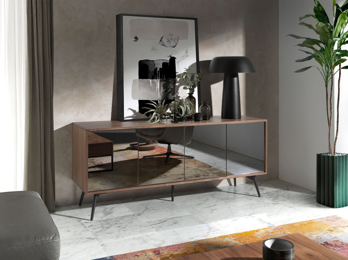 Credenza in vetro nero a specchio, noce e acciaio nero