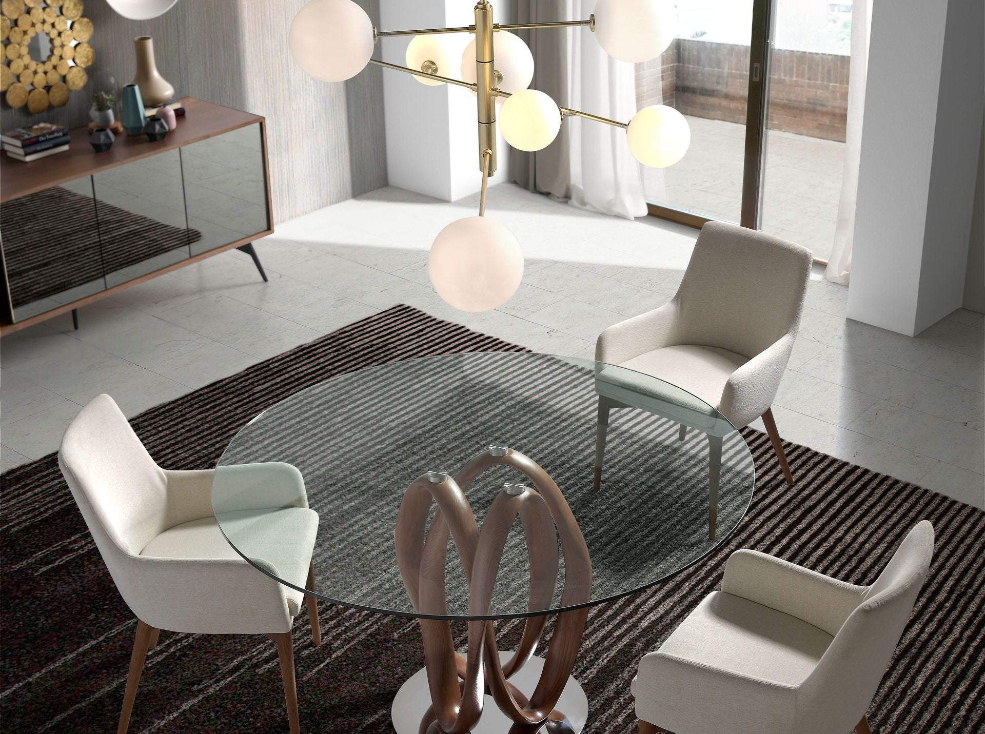 Credenza in vetro nero a specchio, noce e acciaio nero