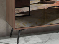 Credenza in vetro nero a specchio, noce e acciaio nero