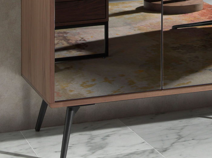 Credenza in vetro nero a specchio, noce e acciaio nero