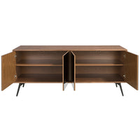 Credenza in vetro nero a specchio, noce e acciaio nero