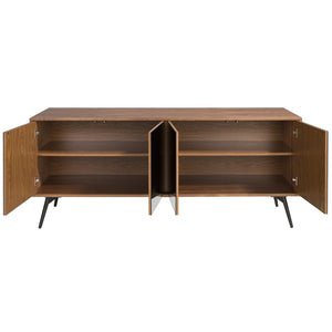 Credenza in vetro nero a specchio, noce e acciaio nero