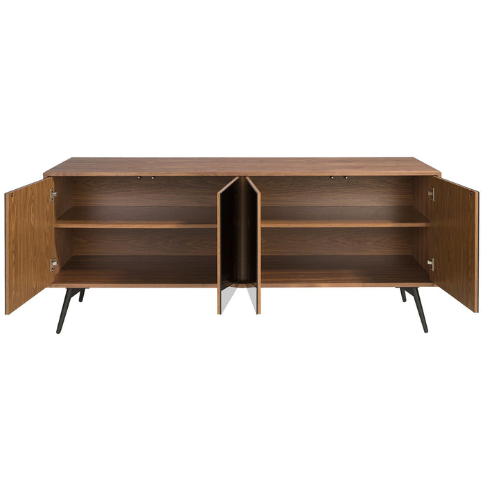 Credenza in vetro nero a specchio, noce e acciaio nero