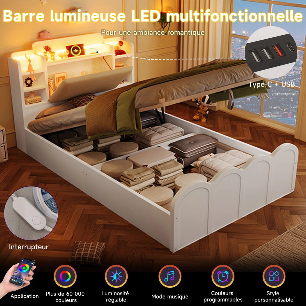OKWISH Letto Contenitore 90×200 cm, Letto Singolo con USB e Tipo C, LED Regolabile e Contenitori, senza Materasso, Bianco