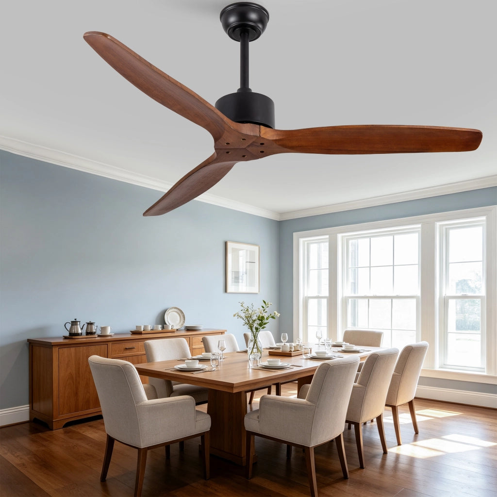 Ventilatore da soffitto 52 pollici senza illuminazione con telecomando, 3 pale legno massello, motore DC reversibile silenzioso, design moderno