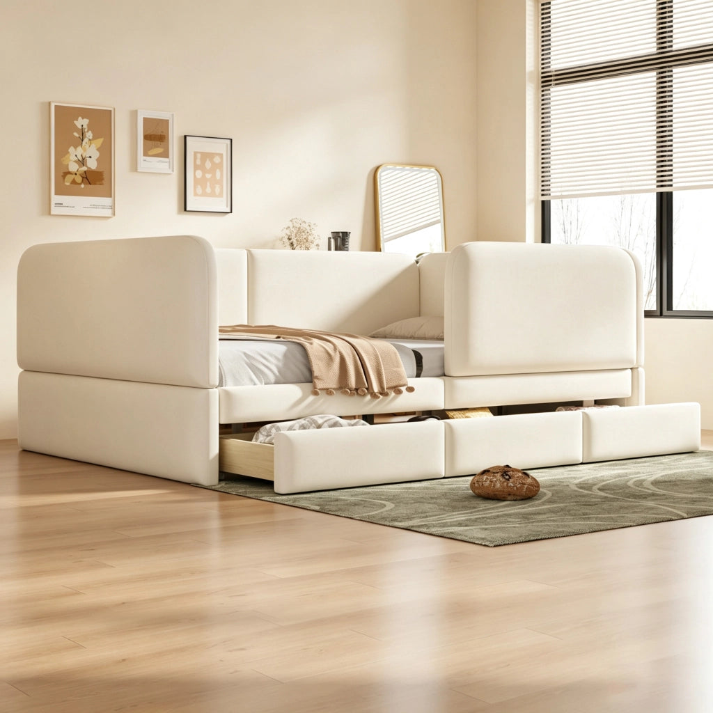 Letto per bambini imbottito 140x200 cm in velluto con sponde di sicurezza, cassetti contenitore, beige