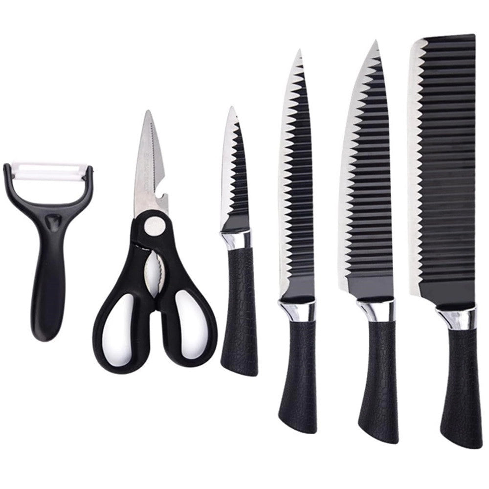 Trade Shop - Set Di Coltelli Da Cucina In Acciaio 6pz Manico In Silicone Con Motivo Ondulato Nero -