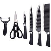 Trade Shop - Set Di Coltelli Da Cucina In Acciaio 6pz Manico In Silicone Con Motivo Ondulato Nero -