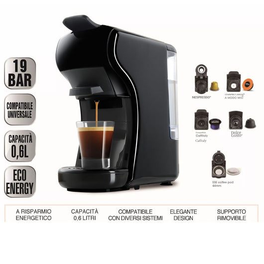 DCG ES6517 - Macchina Del Caffè Universale, serbatoio 0,6 Litri, 19 BAR, 1.450W - NERA+ Omaggio 15 Pz Cialde / Capsule