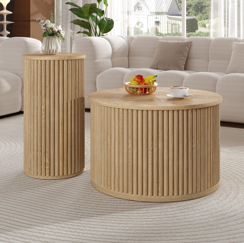 Set di tavolini da caffè 60x60x38.5+30x30x56 cm con motivo a strisce verticali 3D in MDF naturale