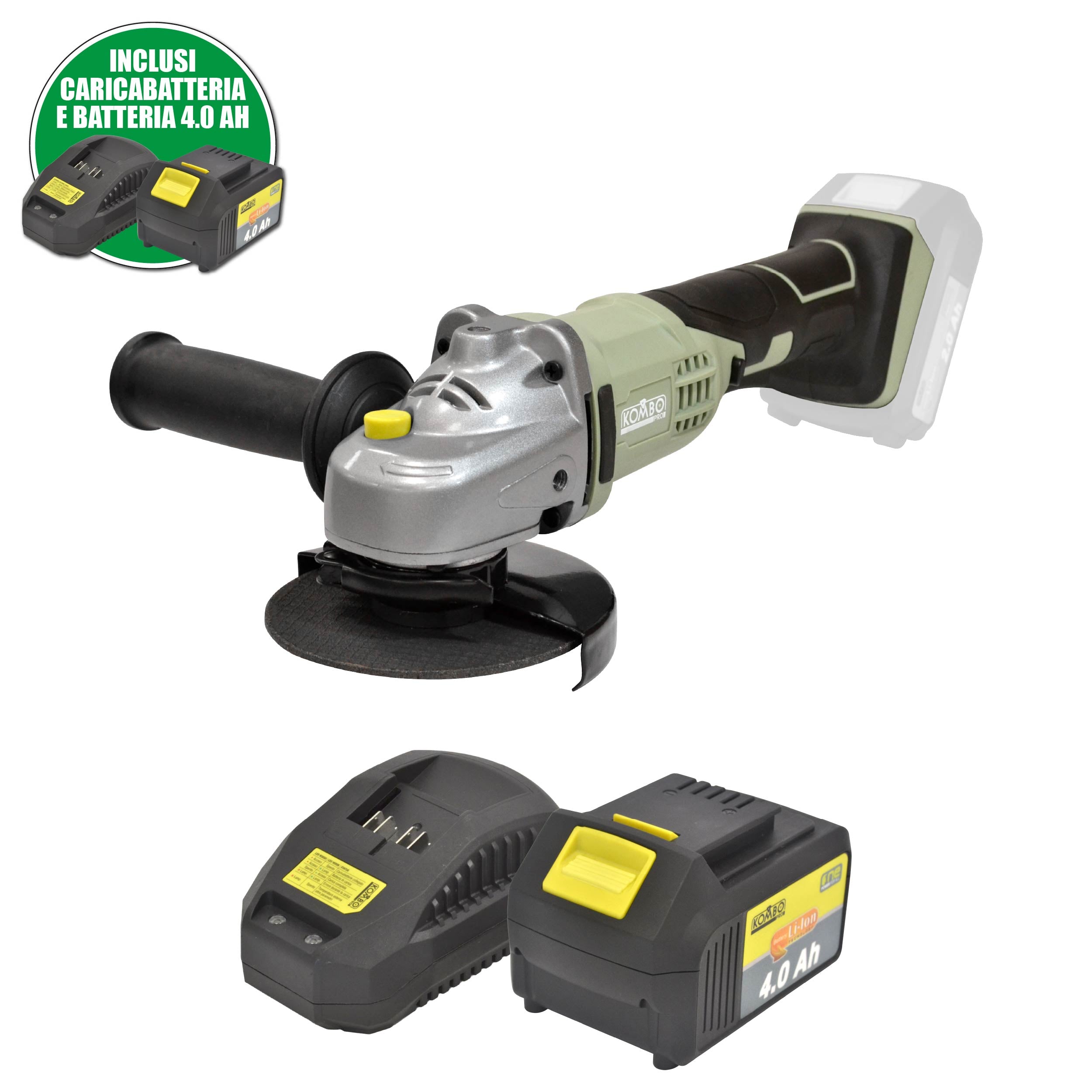 SMERIGLIATRICE ANGOLARE KOMBO PRO + BATTERIA LI-ON 4.0Ah E 4 Dischi in Omaggio