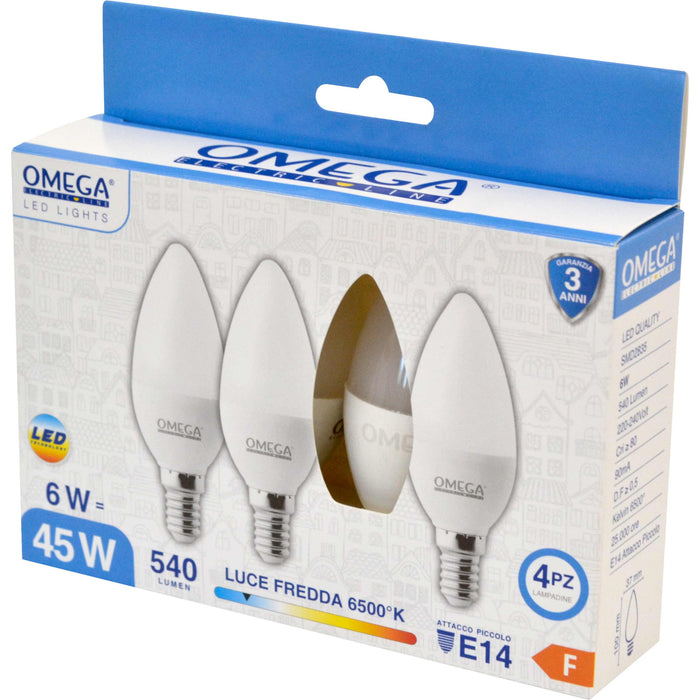 SET 4 PZ CANDELA C37 6W LED 6500K 540LM E14 F