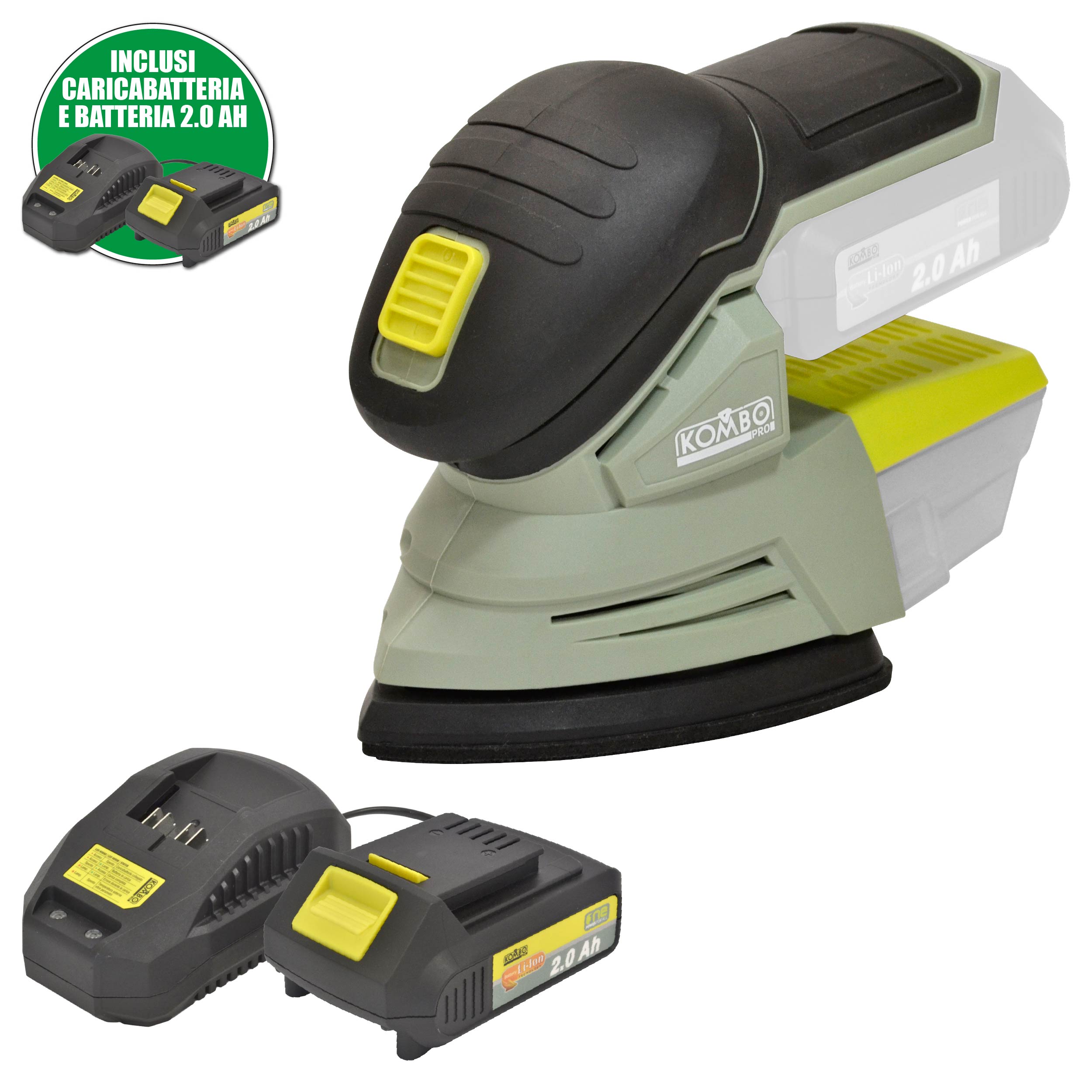 LEVIGATRICE ORBITALE DI PRECISIONE KOMBO PRO + BATTERIA LI-ON 2.0Ah E CARICABATTERIA
