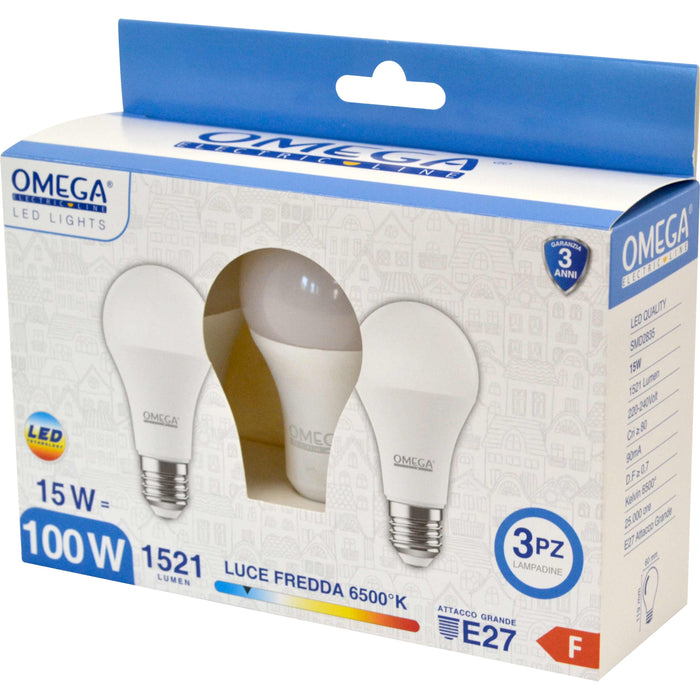 SET 3 PZ GOCCIA A65 15W LED 6500K 1521LM E27 F