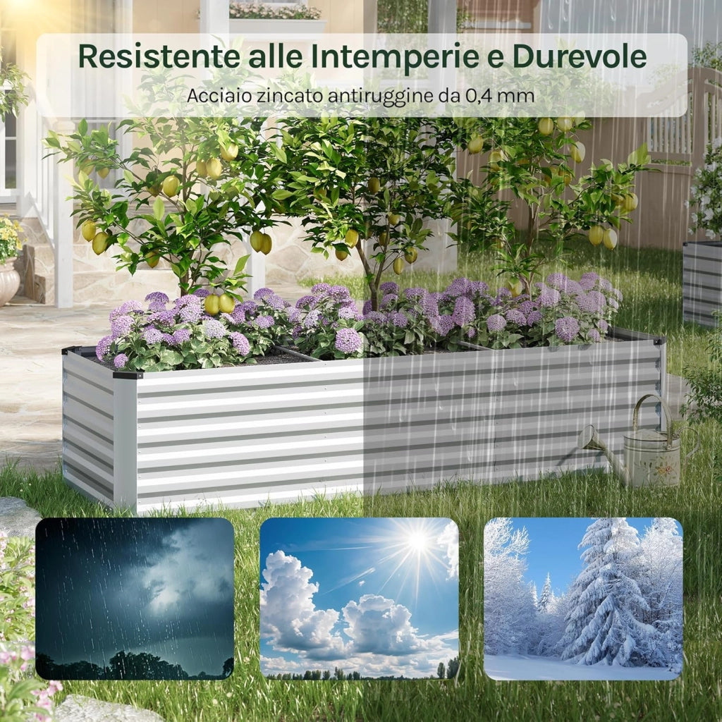 Fioriera rialzata per giardino, balcone, fioriera in robusta lamiera d'acciaio con design robusto, 238 x 56 x 80 cm, argento