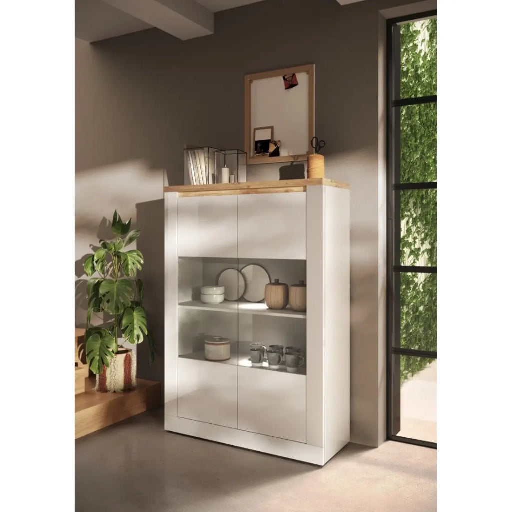 Vetrina SASHA – 2 porte in vetro +3 scaffali con LED integrato – Bianco lucido e Rovere Cadiz