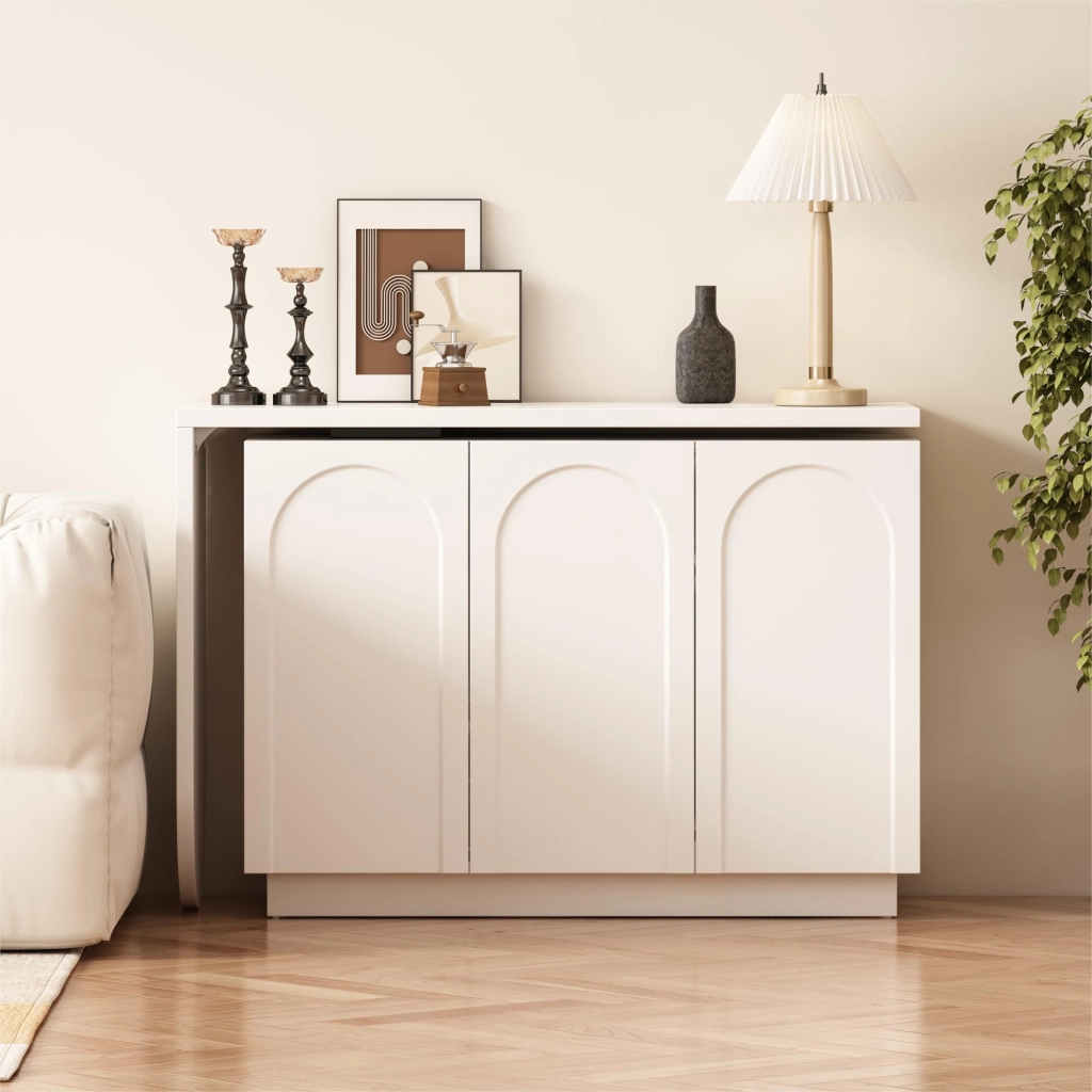 Scrivania angolare con mobile e piano girevole a 360 gradi, 3 vani con ripiani regolabili, in MDF bianco, 110 cm