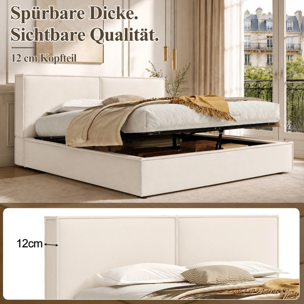 Letto matrimoniale con contenitore idraulico; rete a doghe inclusa; 180x200 cm; beige