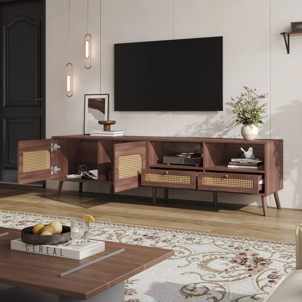 Mobile TV con 2 Ante in Rattan e 2 Cassetti; 8 Piedi; Stile Moderno; Soggiorno; in Pannello Truciolare; Marrone; 200??37??49;5 cm