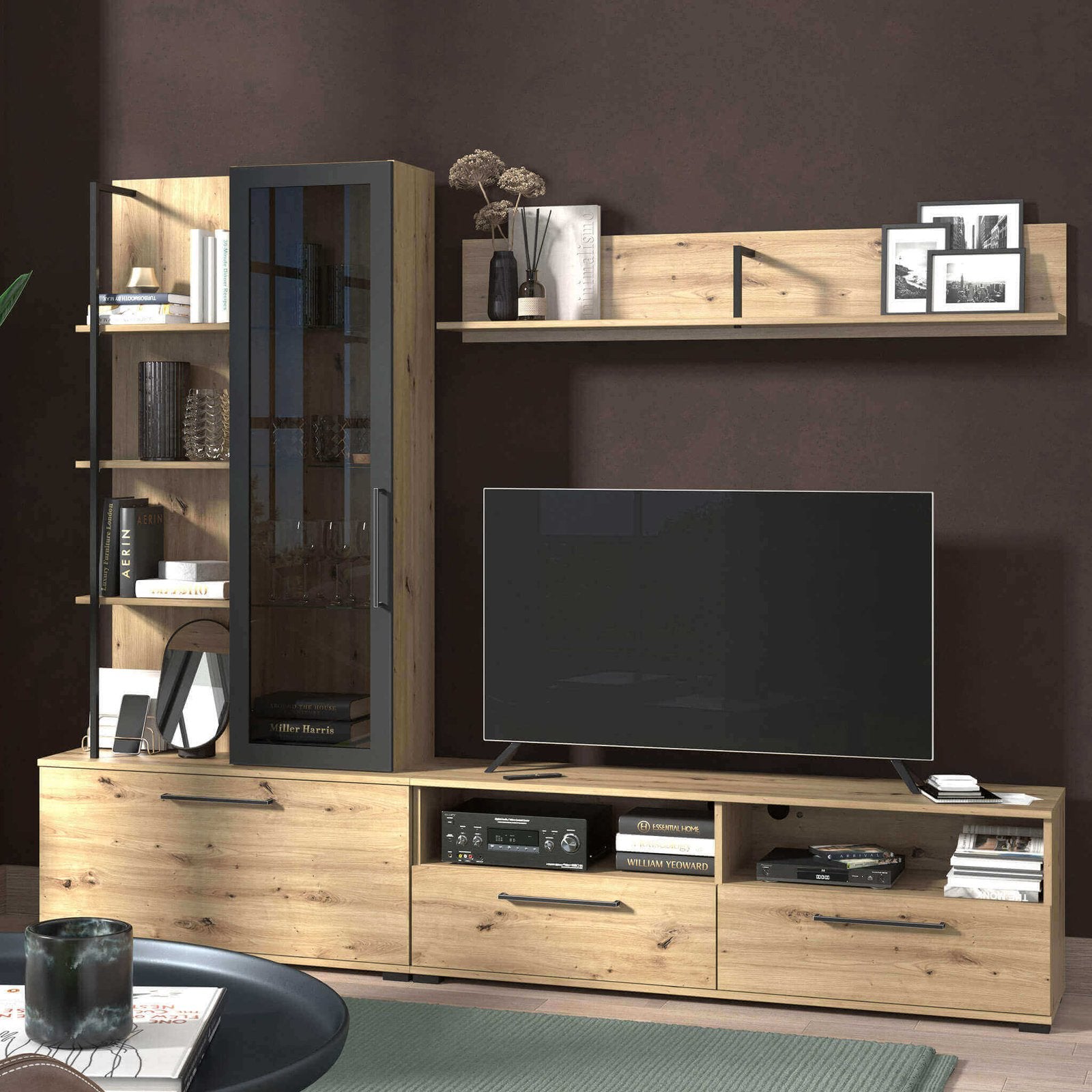 parete attrezzata con anta vetrina e due cassetti moderna minimal in legno cm 229 5x35x182 5 h - GRACE