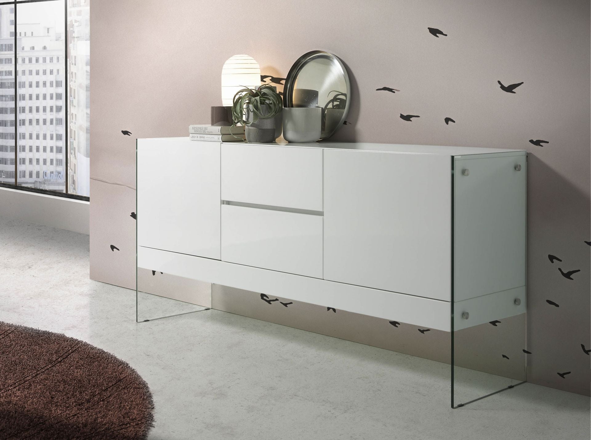 Credenza in legno bianco e vetro temperato