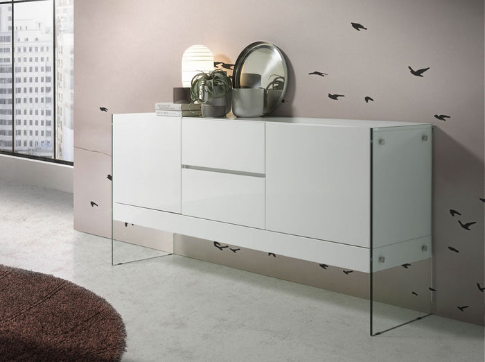 Credenza in legno bianco e vetro temperato