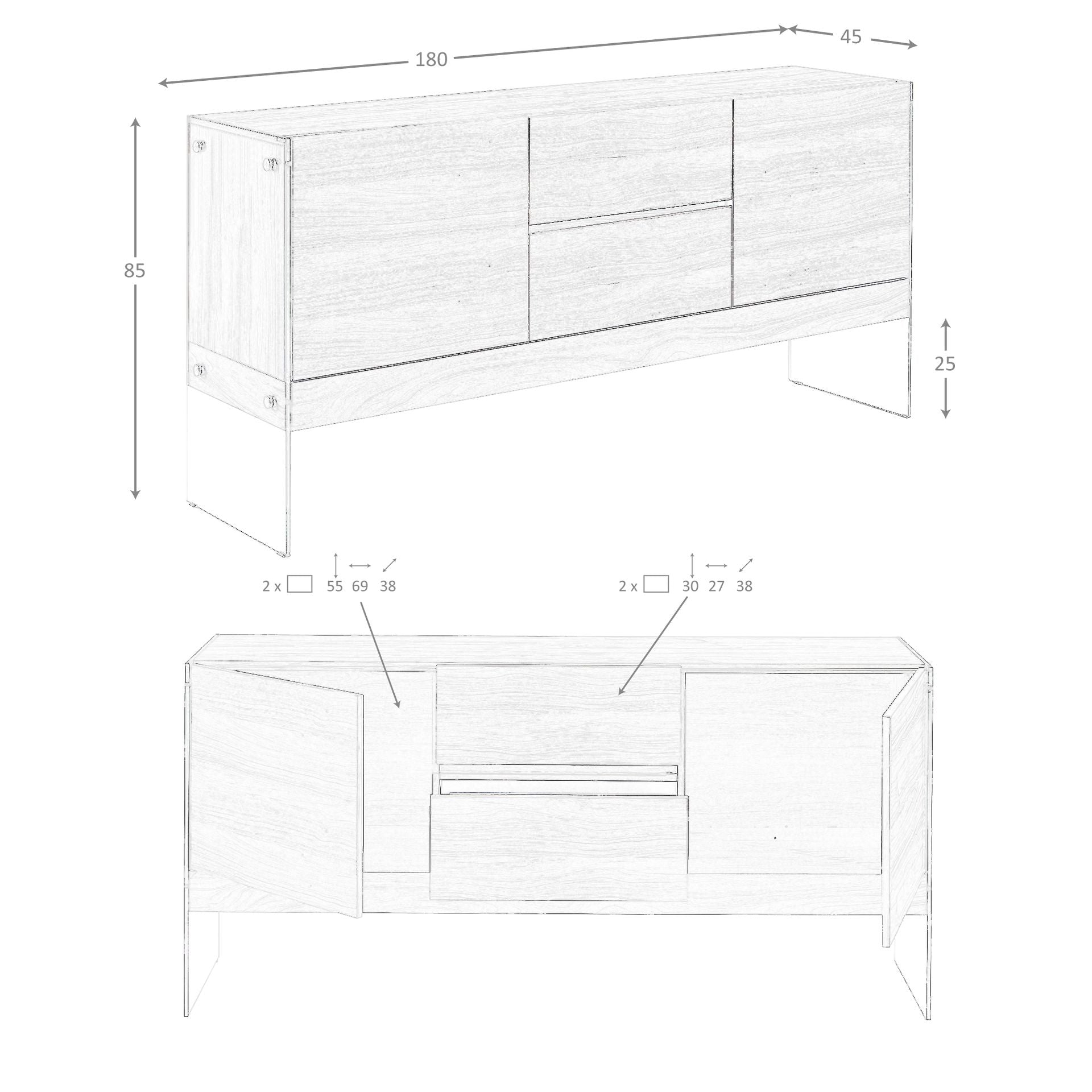 Credenza in legno bianco e vetro temperato