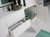 Credenza in legno bianco e vetro temperato