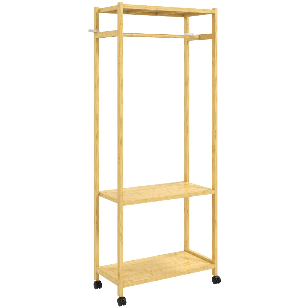 Stand Appendiabiti da Terra con Barra, Ripiani e 4 Ruote in Bamb¨´, 70x35x175 cm, Legno Naturale