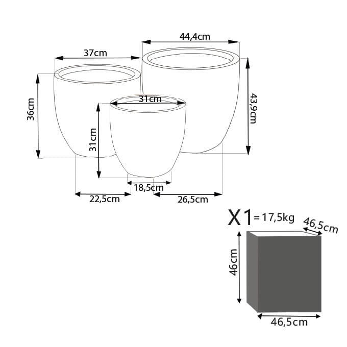 Set di 3 vasi in Fibra di argilla cm 45x45x43 - LEN