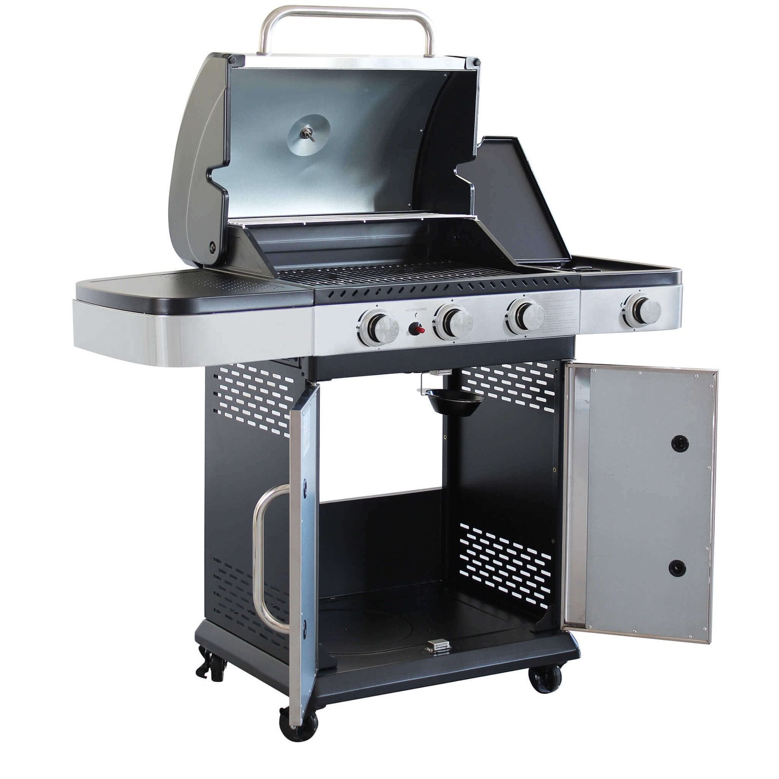 Barbecue a gas Inox 3 fuochi + 1 in Acciaio cm 122x57x112 - ANGUS